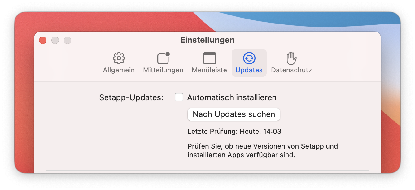 Die zeigt die Setapp-Einstellungen im Tab „Updates“ mit der Option, Updates manuell zu suchen oder automatisch zu installieren.