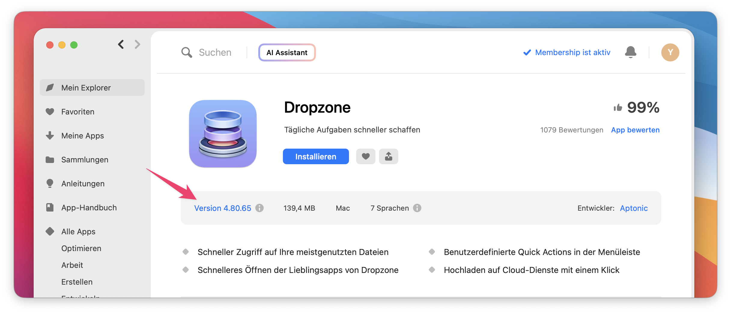 Die zeigt die App-Seite von Dropzone, auf der die aktuelle Versionsnummer „Version 4.80.65“ mit einem Pfeil hervorgehoben ist.