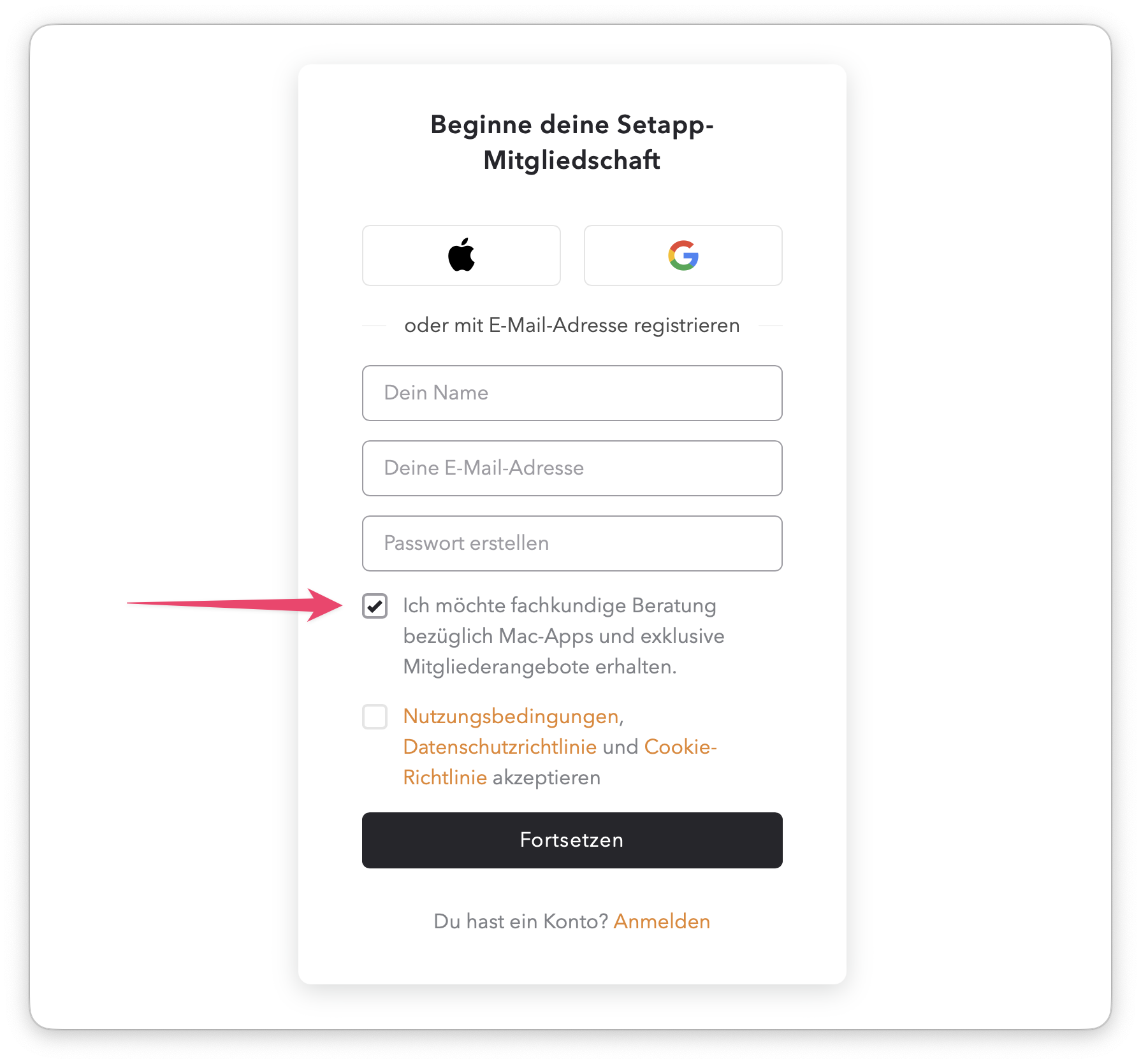 Capture d’écran du formulaire d’inscription à Setapp avec la case cochée « Je souhaite recevoir des conseils d’experts sur les apps Mac et des offres exclusives pour les membres. »