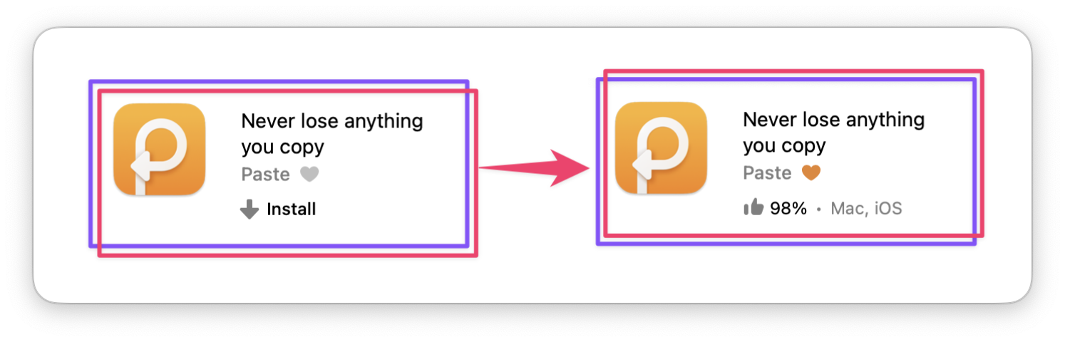 The screenshot shows the Paste app tile before and after being marked as a favorite (heart icon changes from gray to orange).