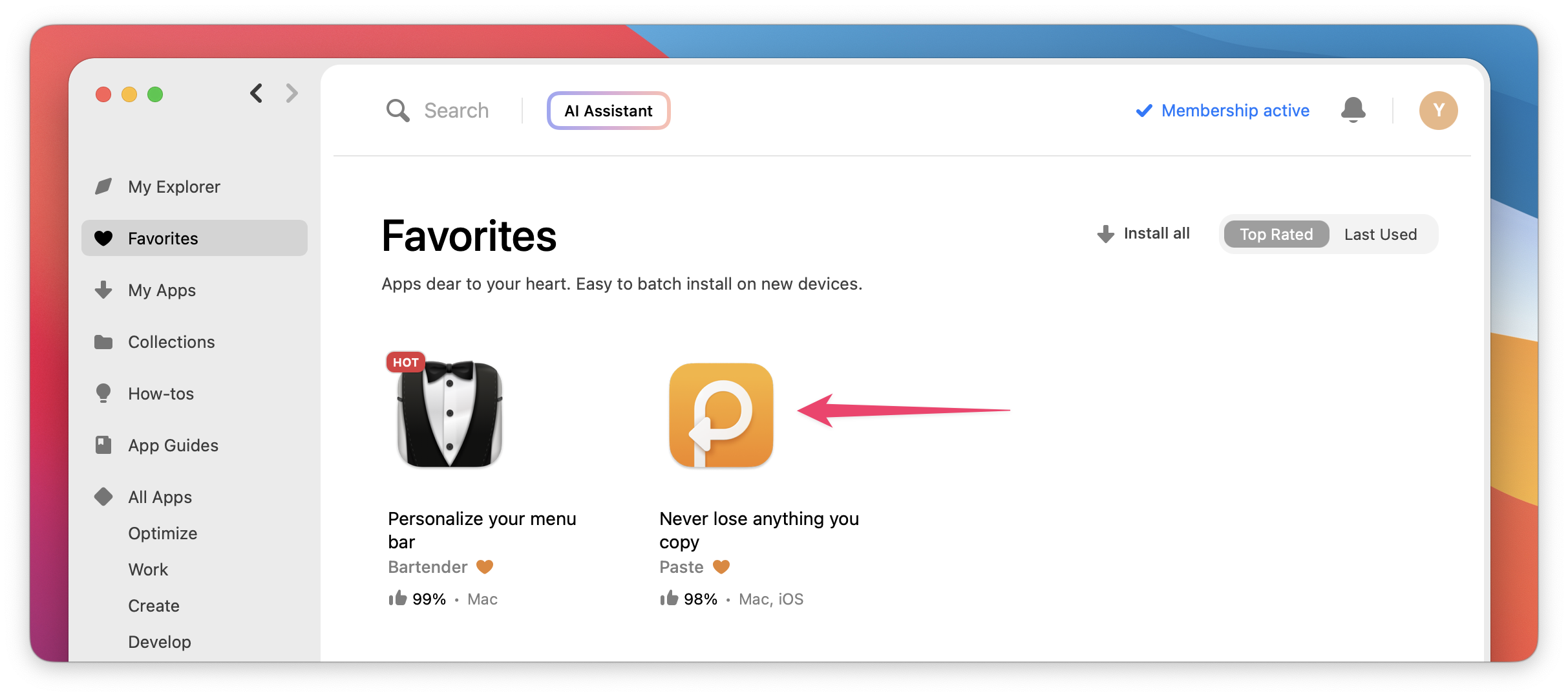 The screenshot shows the Favorites section, with the Paste app listed and the “Install all” button visible.