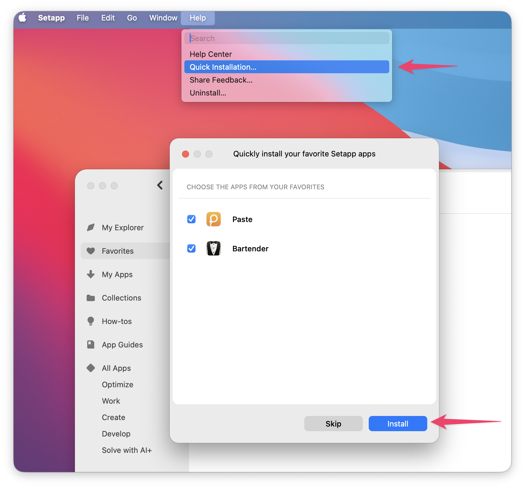 The screenshot shows the “Quick Installation” option opened from the Help menu, displaying a dialog with Paste and Bartender selected and the “Install” button highlighted.