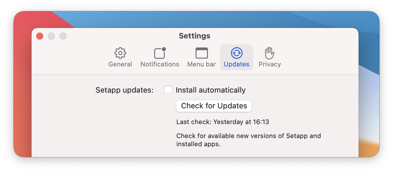 The screenshot shows the Updates tab in Setapp settings with the “Check for Updates” button and the last check timestamp displayed.