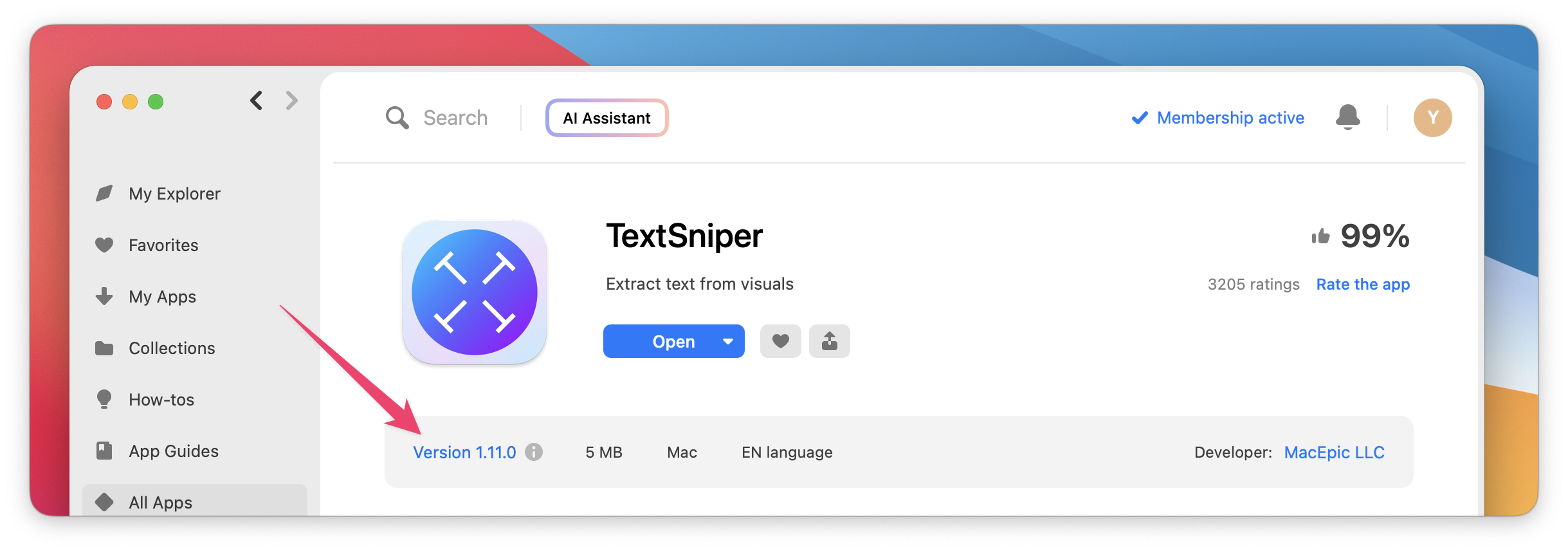 The screenshot shows the TextSniper app page with the current version number highlighted as Version 1.11.0.