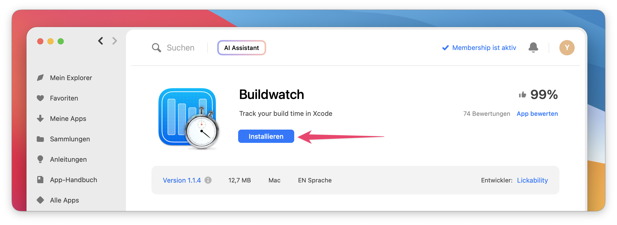 Screenshot showing die App-Seite von Buildwatch mit dem Button „Installieren“, der durch einen Pfeil hervorgehoben wird.