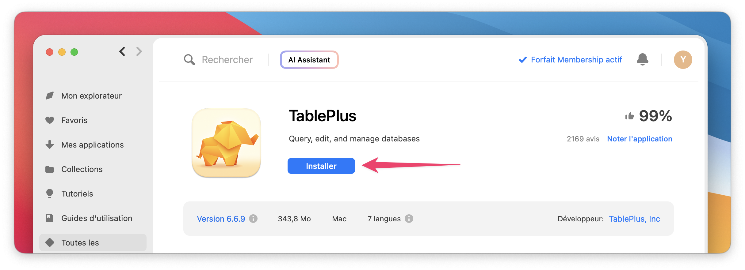 Capture d'écran de la page de l'application Supercharge avec le bouton bleu «&nbsp;Installer&nbsp;» en surbrillance.