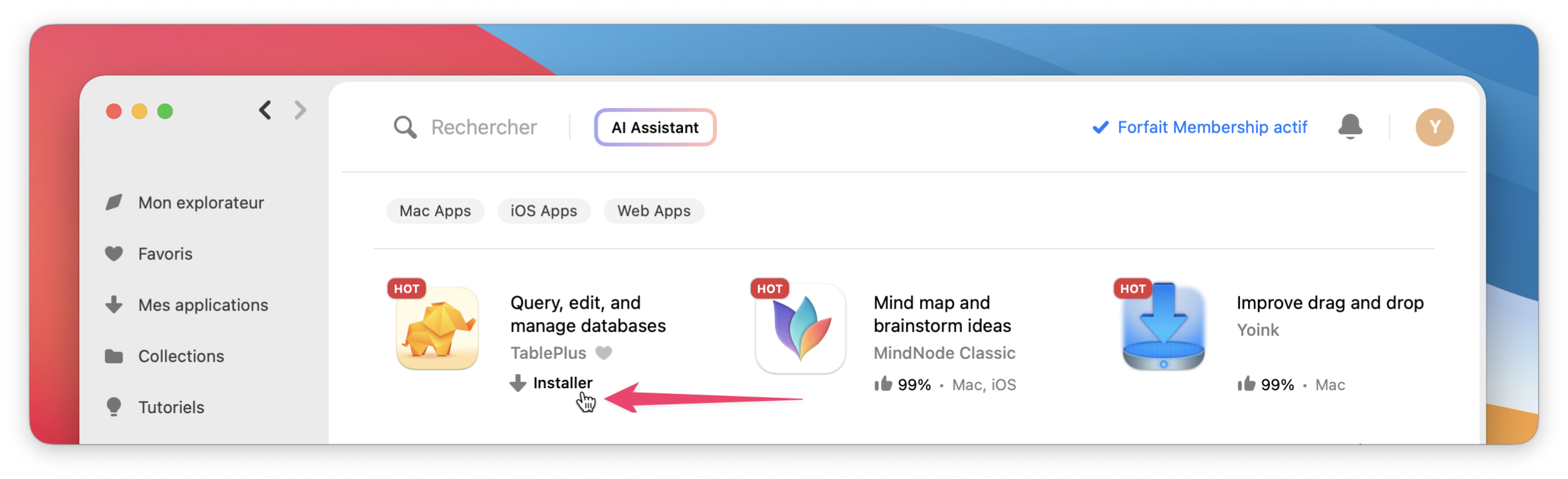 Capture d'écran de la section «&nbsp;Toutes les applications&nbsp;» montrant la vignette de l'application Supercharge avec le curseur survolant le bouton «&nbsp;Installer&nbsp;».