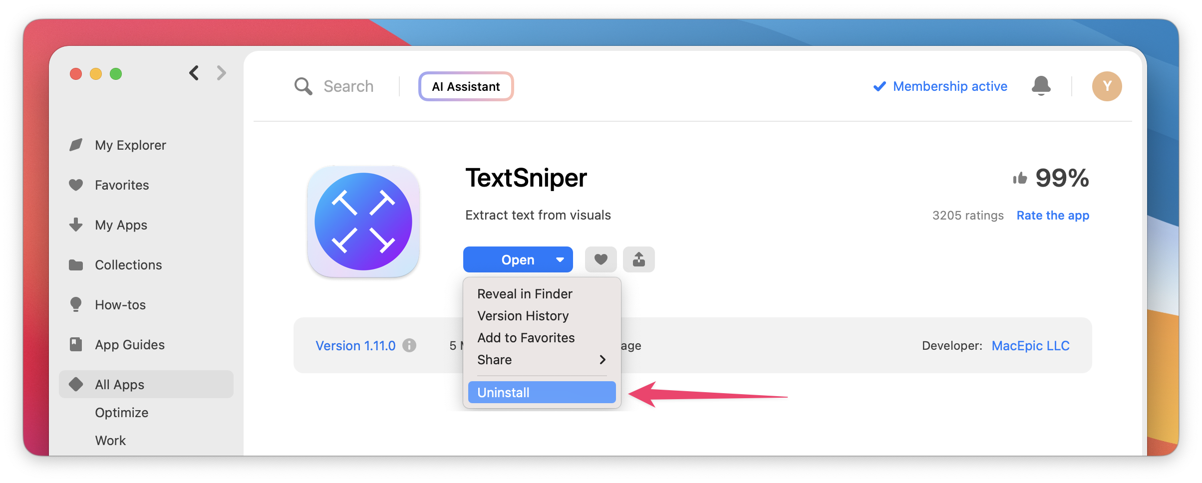 Screenshot showing the app page with the context menu open, highlighting the “Uninstall” option.