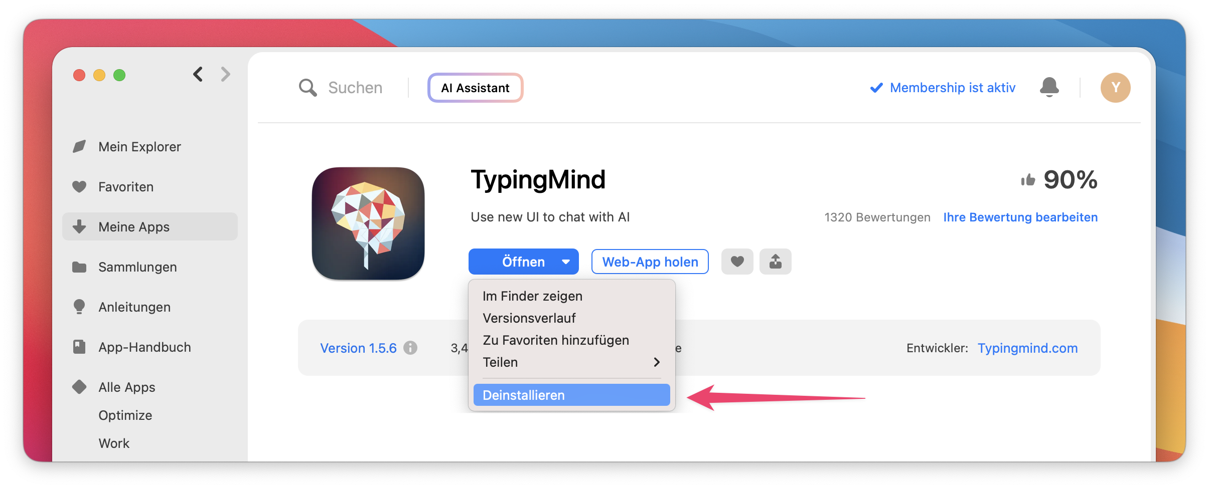 Screenshot der App-Seite mit geöffnetem Kontextmenü, in dem die Option „Deinstallieren“ hervorgehoben ist.