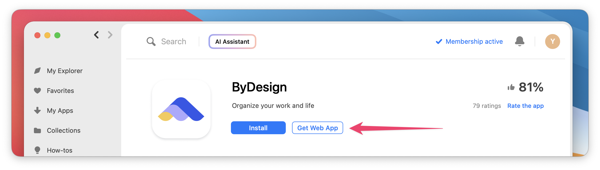 The screenshot shows the ByDesign app page in Setapp with a visible “Install” button and a highlighted “Get Web App” button.