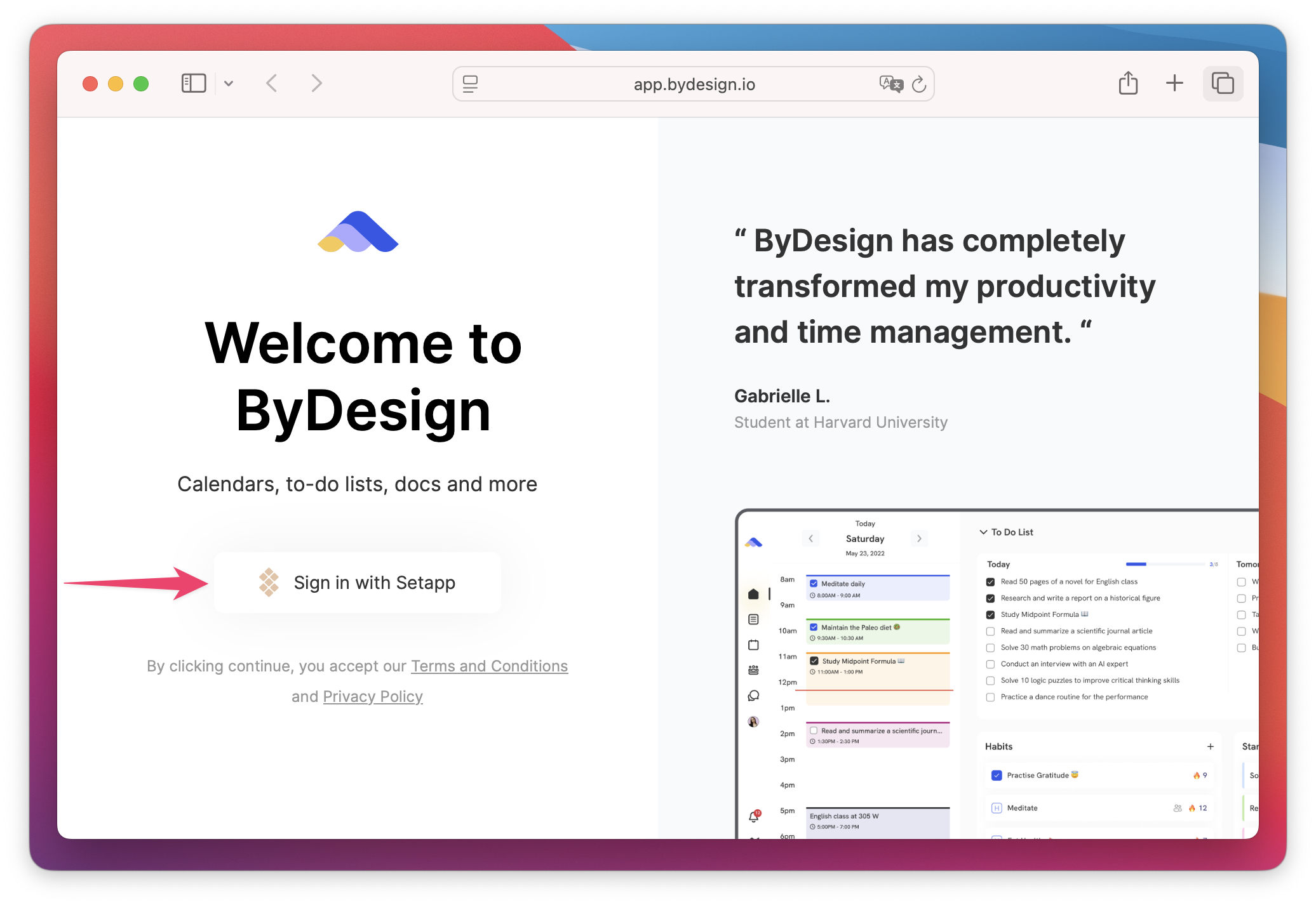 The ByDesign web app welcome screen with a “Sign in with Setapp” button highlighted on the left side of the page.