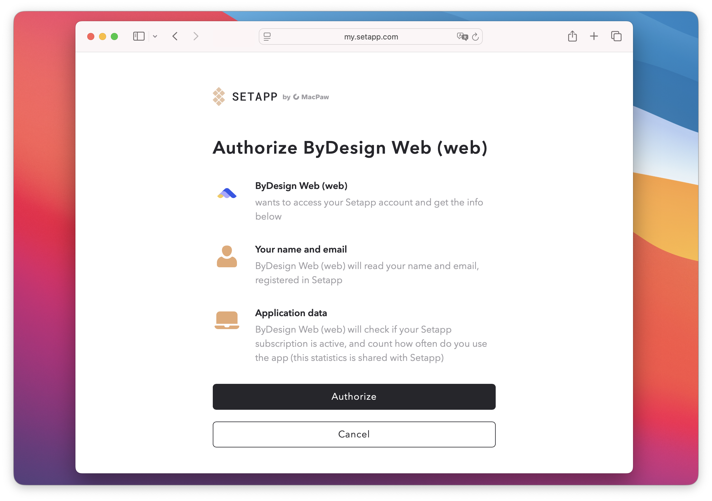 The Setapp authorization screen requesting permission for ByDesign Web to access user account data, including name, email, and application usage statistics.