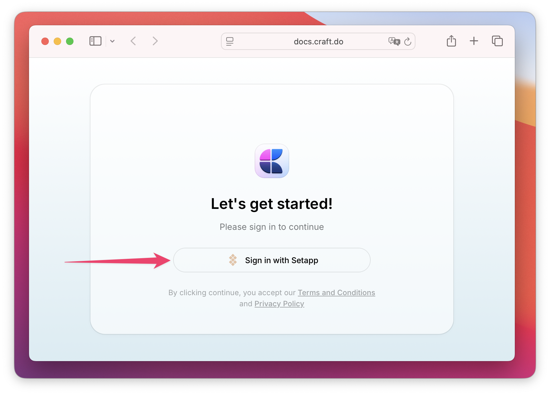 Der Screenshot zeigt die Anmeldeseite von Craft mit der Schaltfläche „Sign in with Setapp“.