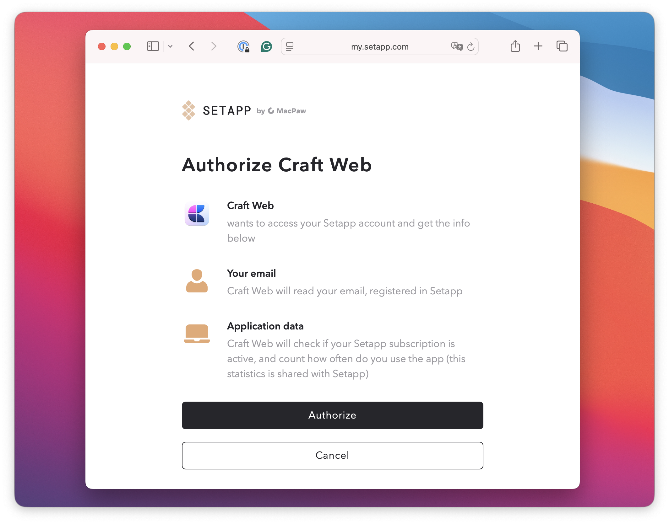 Der Screenshot zeigt das Autorisierungsfenster von Setapp, in dem Craft Web den Zugriff auf E-Mail-Adresse und Abonnementdaten anfordert.