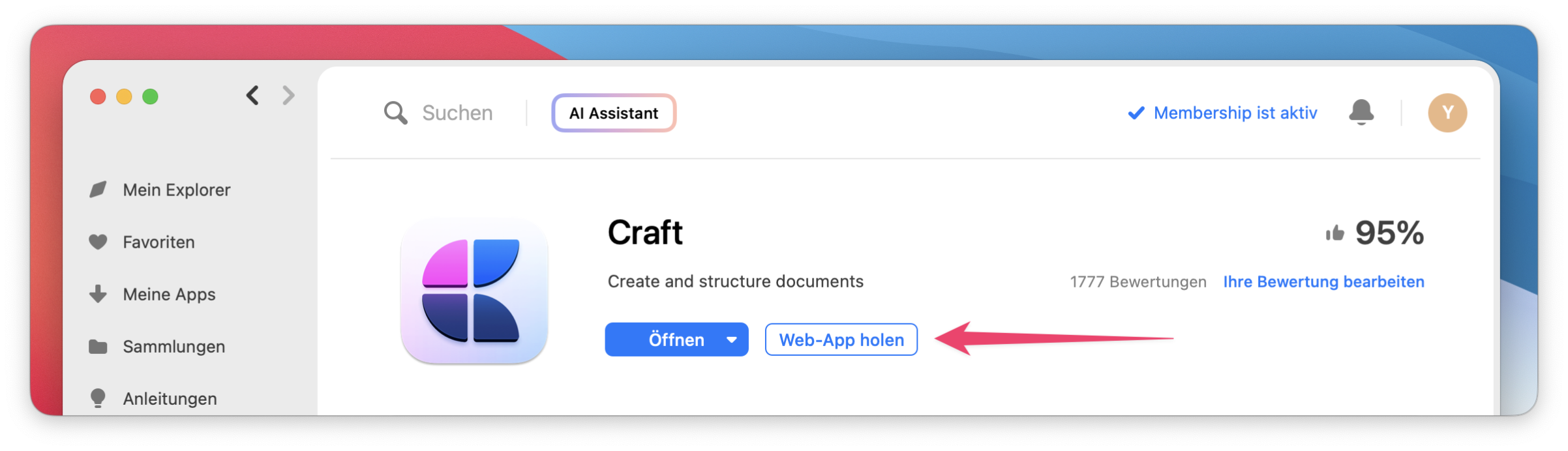 Der Screenshot zeigt die Detailseite der App „Craft“ mit der Schaltfläche „Web-App holen“, um die Webversion zu öffnen.