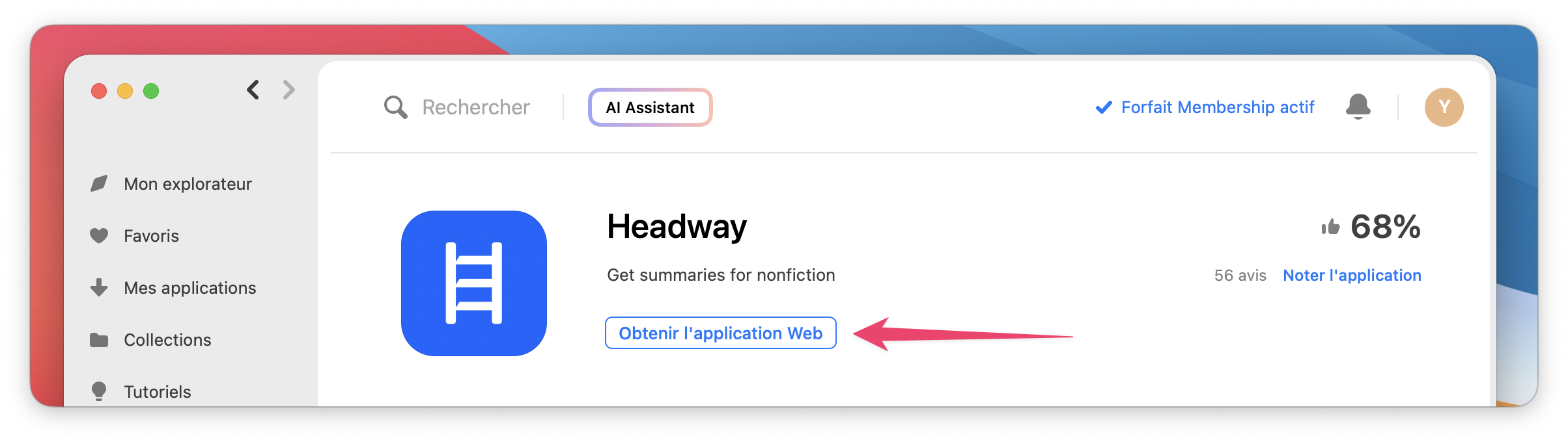 Capture d’écran montrant la fiche de l’application Headway avec le bouton « Obtenir l’application Web ».