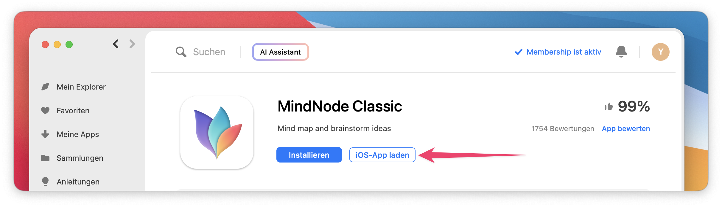 Die Bildschirmaufnahme zeigt die App-Seite von MindNode Classic mit dem hervorgehobenen Button „iOS-App laden“.
