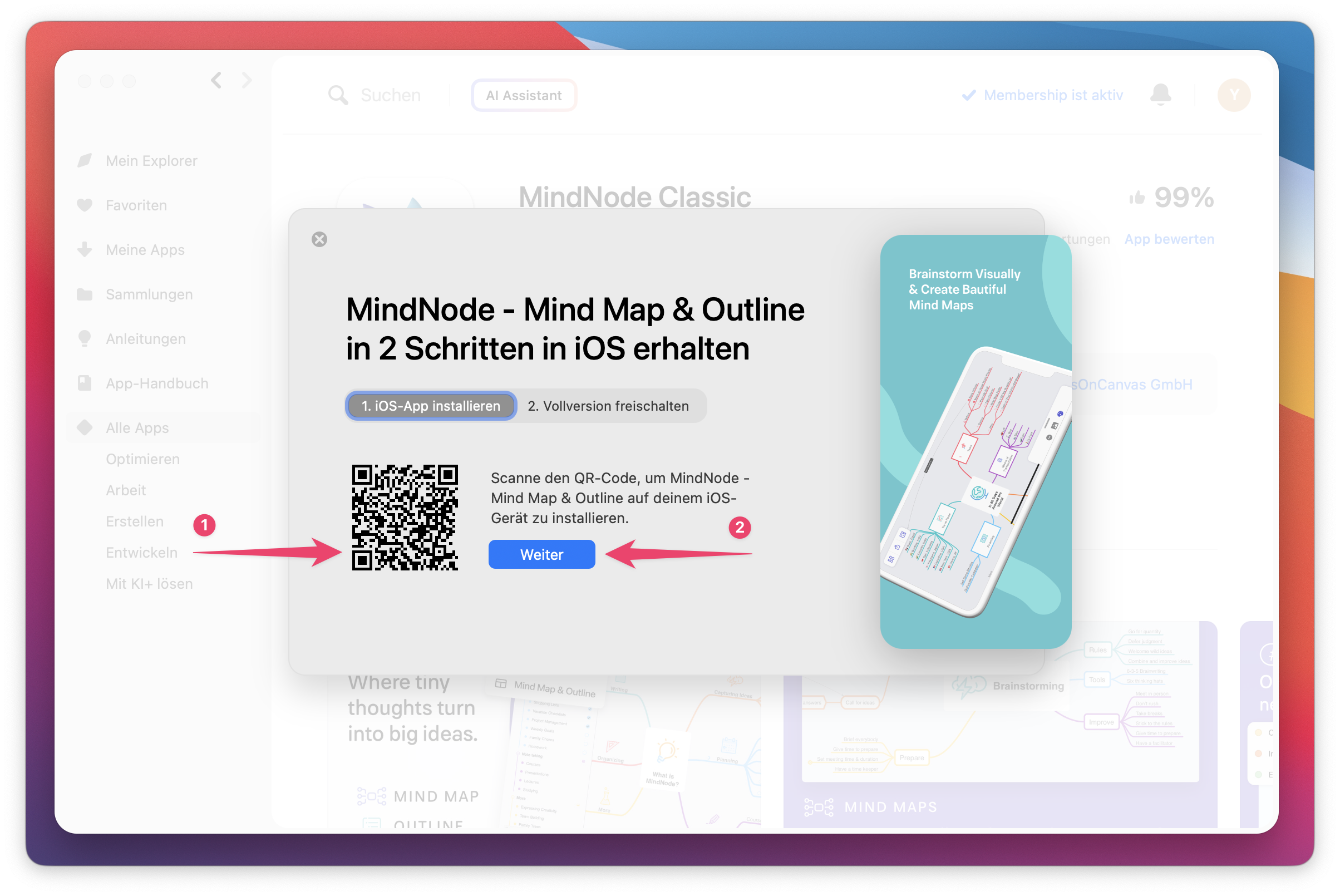 Der Screenshot zeigt einen QR-Code und eine Schaltfläche „Weiter“.