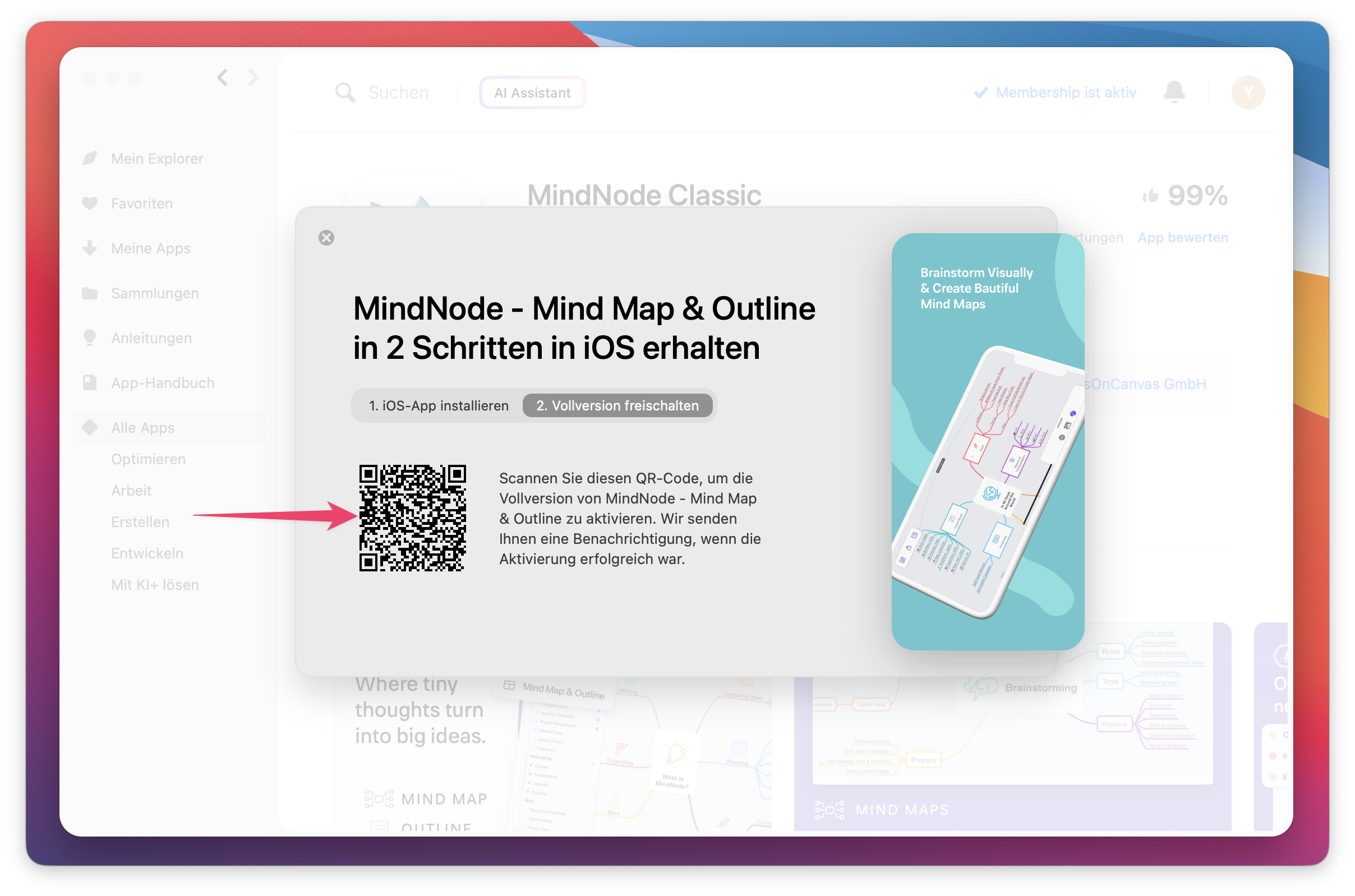 Die Bildschirmaufnahme zeigt einen QR-Code zum Freischalten der Vollversion von MindNode – Mind Map & Outline in der iOS-App.