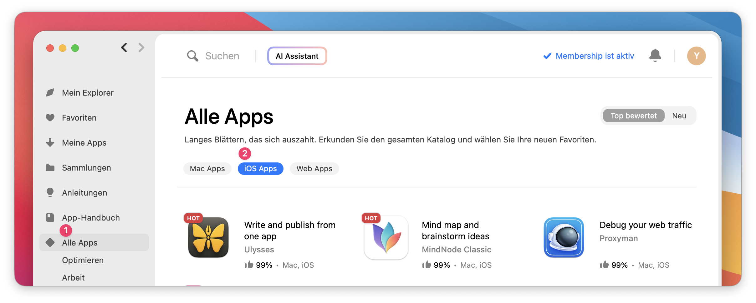 Die Screenshot zeigt den Bereich „Alle Apps“ mit dem ausgewählten iOS-Filter