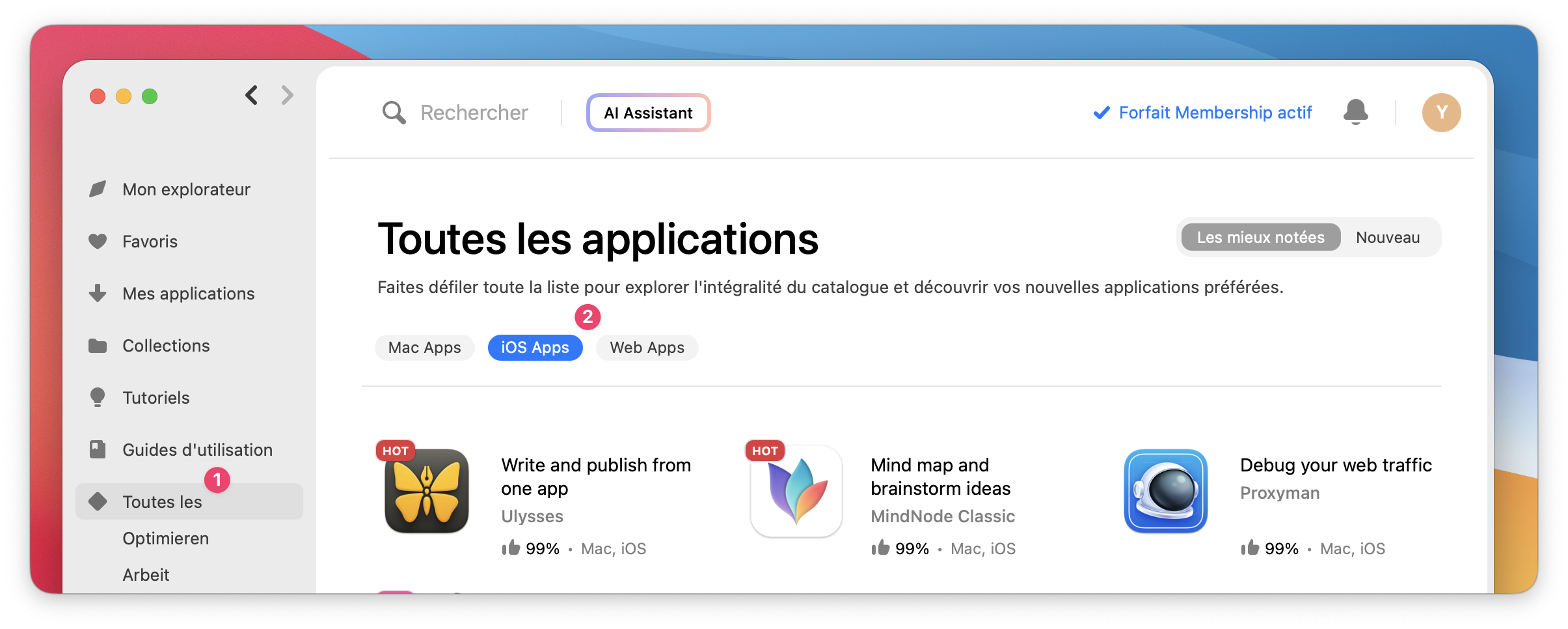 La capture d’écran montre la section « Toutes les applications » avec le filtre iOS sélectionné