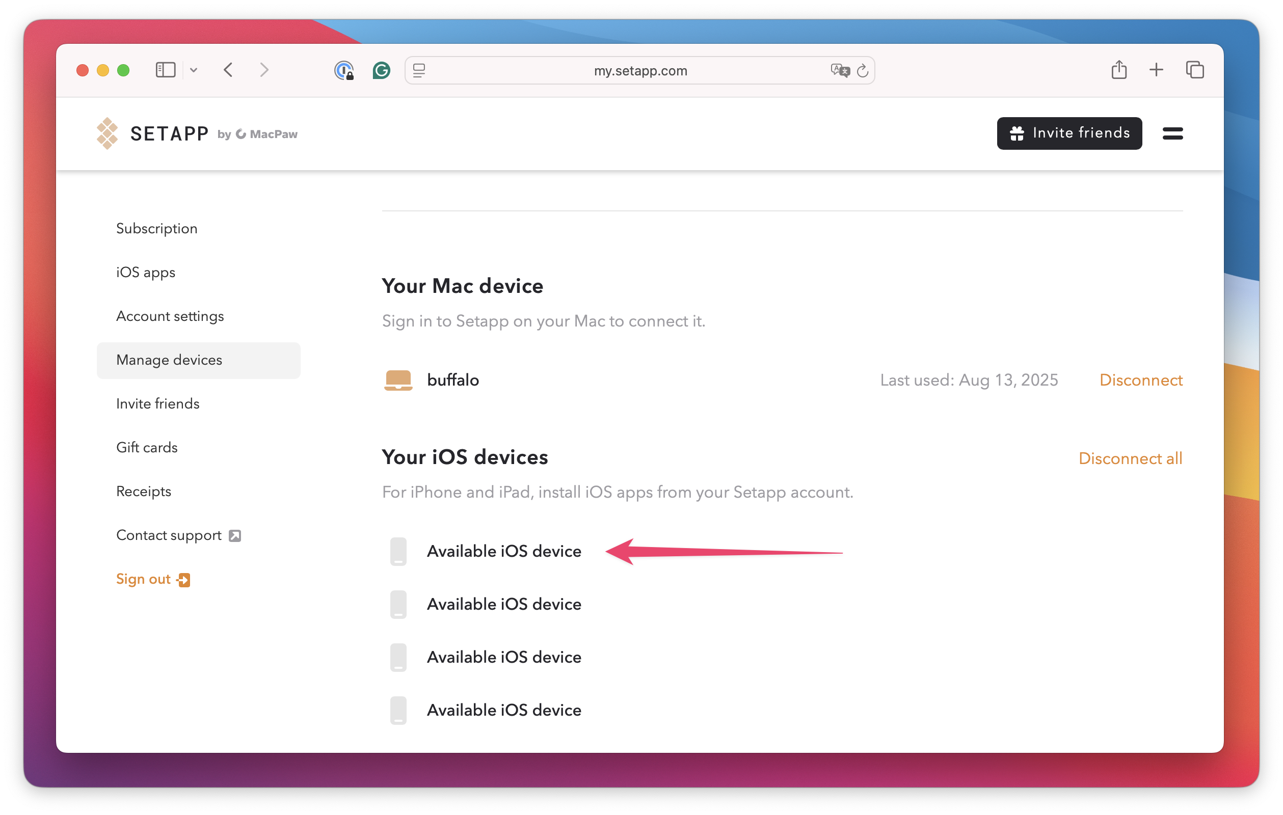 Device management page showing “Available iOS device” under “Your iOS devices”.