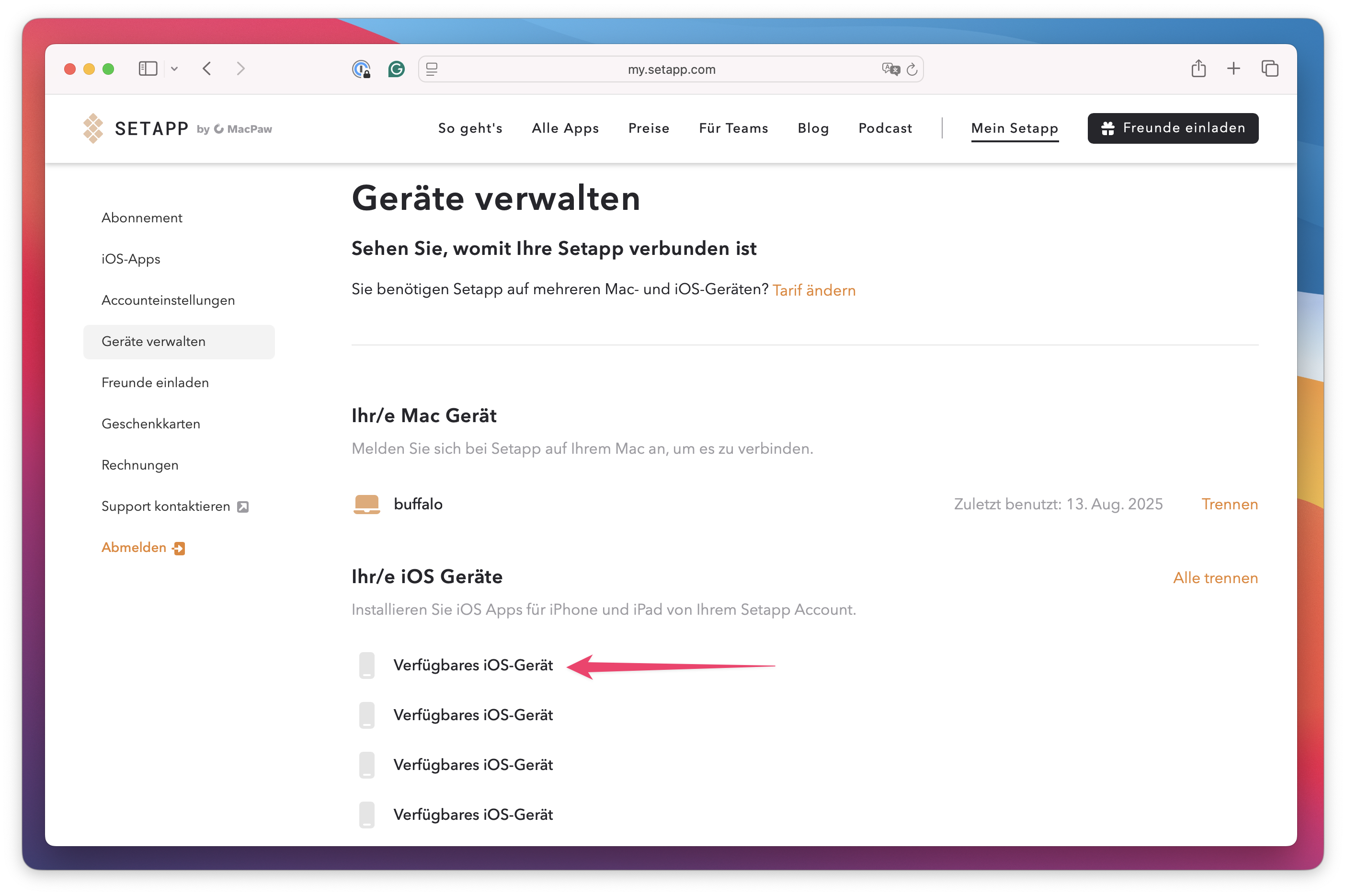 Geräte verwalten-Seite mit dem hervorgehobenen Text “Verfügbares iOS-Gerät” unter “Ihr/e iOS Geräte”.