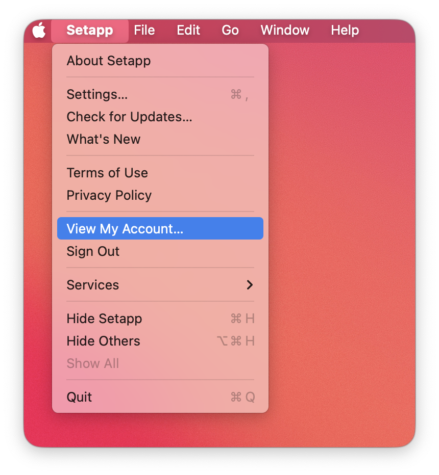 Screenshot of the Setapp menu under the macOS menu bar, with the “View My Account…” option selected under the Setapp app menu.