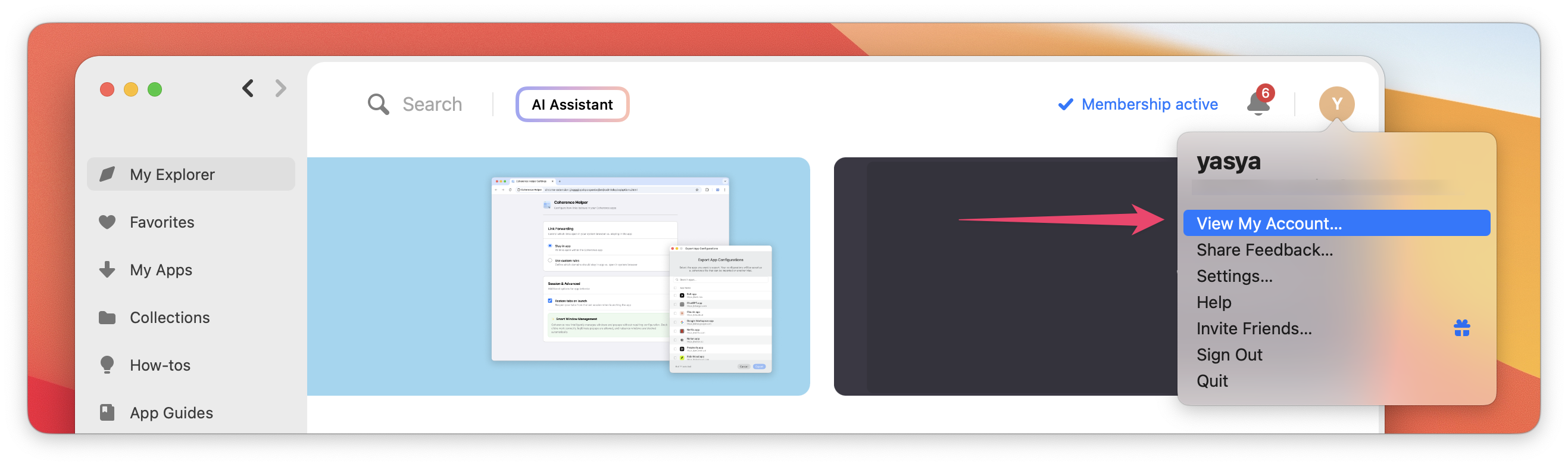 Screenshot of the Setapp desktop app with the account menu open in the top-right corner, showing the “View My Account…” option highlighted.