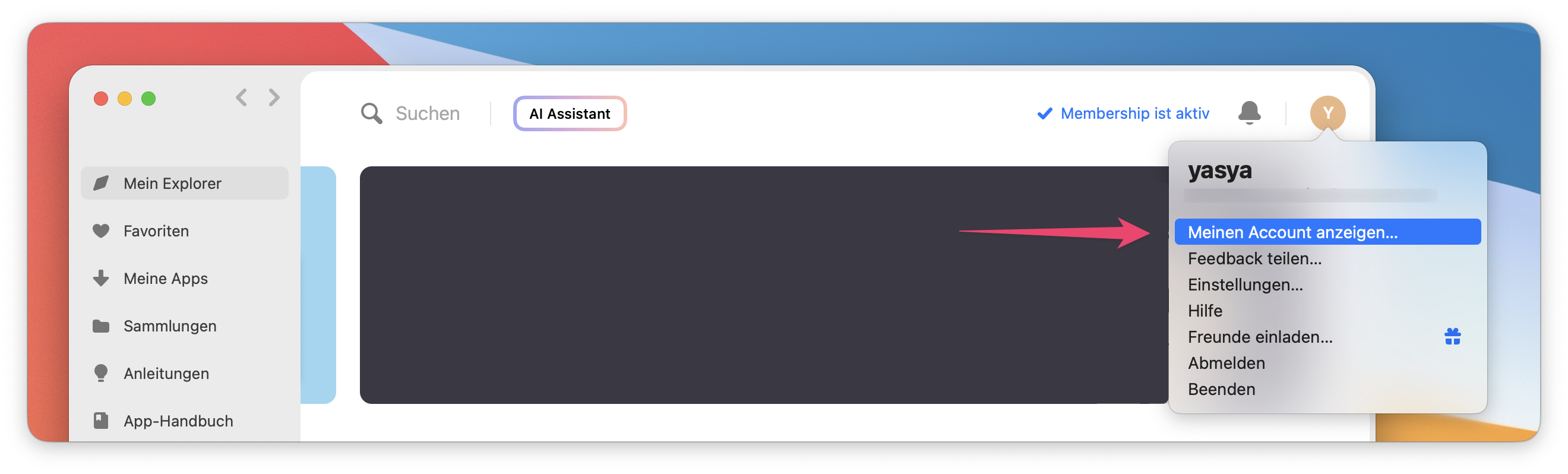 Dropdown-Menü des Benutzerprofils in der Setapp-App mit hervorgehobener Option Meinen Account anzeigen….