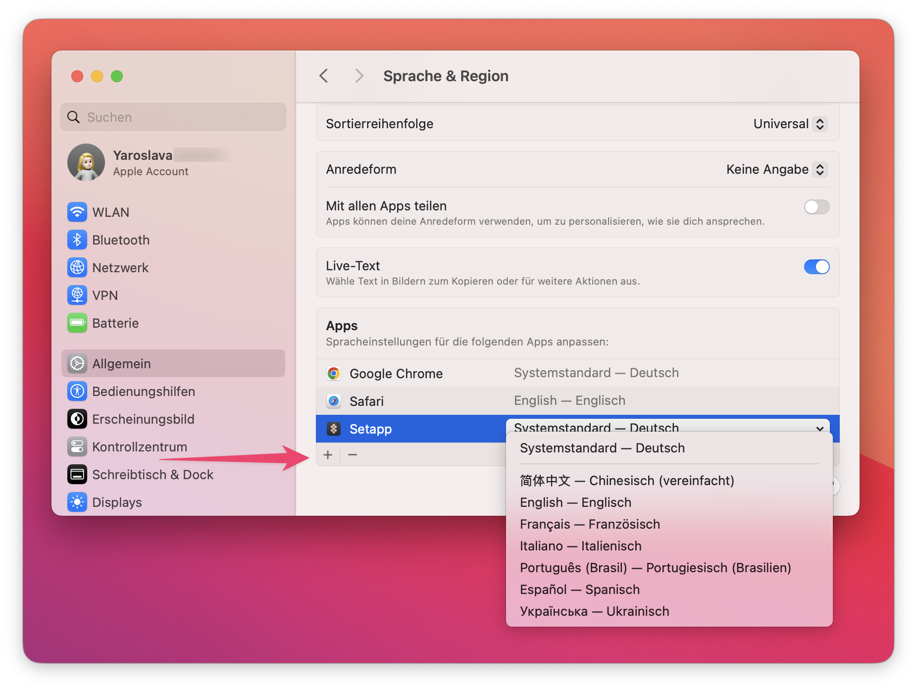 In den Systemeinstellungen unter „Sprache & Region“ ist im linken Menü der Tab „Allgemein“ ausgewählt, und im rechten Bereich ist „Setapp“ markiert mit geöffneter Sprachauswahl „Systemstandard — Deutsch“.