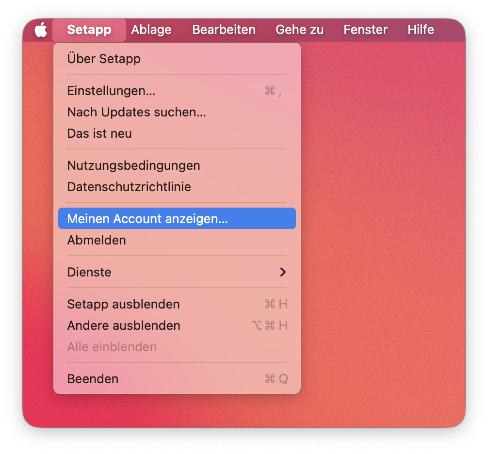 Setapp-Menü in der macOS-Menüleiste geöffnet, mit der markierten Option Meinen Account anzeigen….