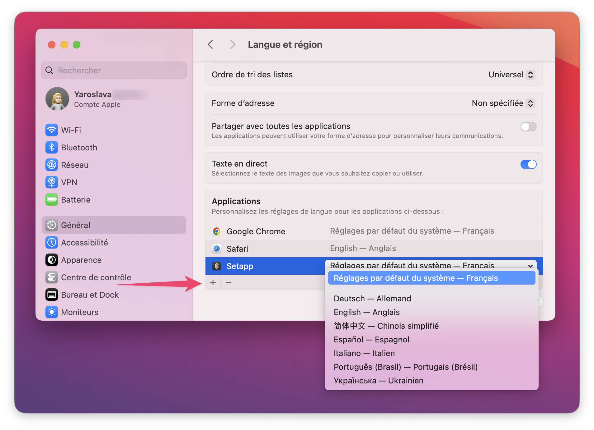 La capture d’écran montre l’utilisateur naviguant vers « Centre de contrôle » dans les Réglages système pour définir la langue de l’app Setapp.