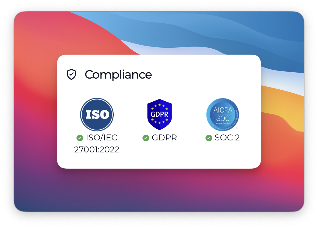 La capture d'écran montre les badges de conformité pour ISO/IEC 27001:2022, GDPR et SOC 2