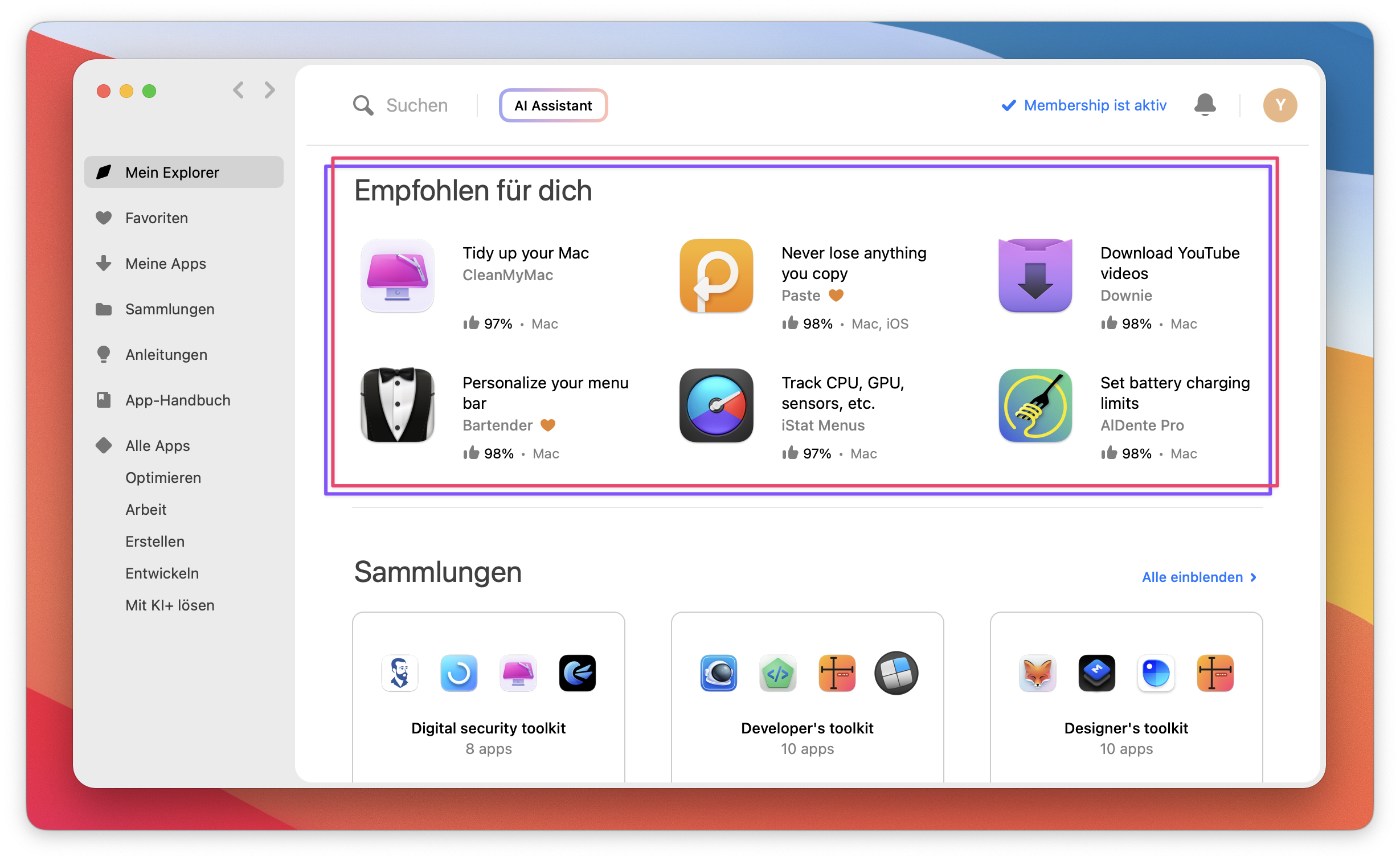 Der Screenshot zeigt den Abschnitt „Empfohlen für dich“ auf der Hauptseite, in dem sechs empfohlene Mac-Apps angezeigt werden.