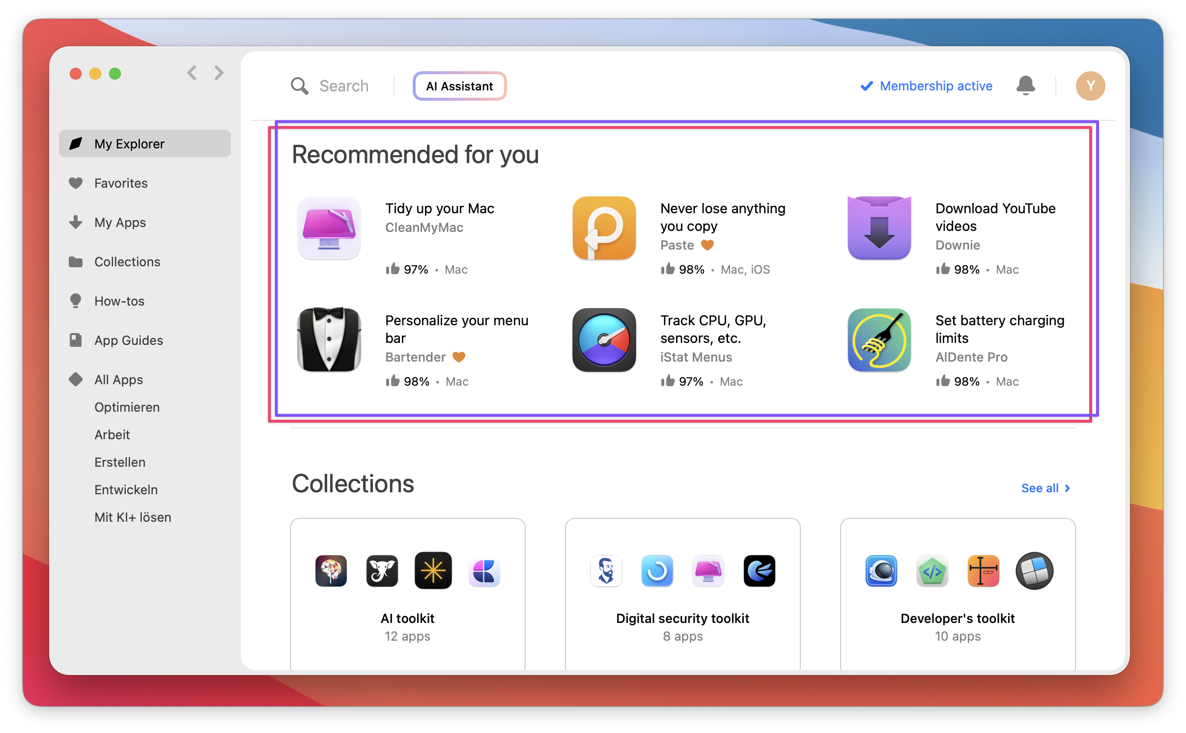 The screenshot shows the “Recommended for you” section highlighted on the main page, displaying six suggested Mac apps