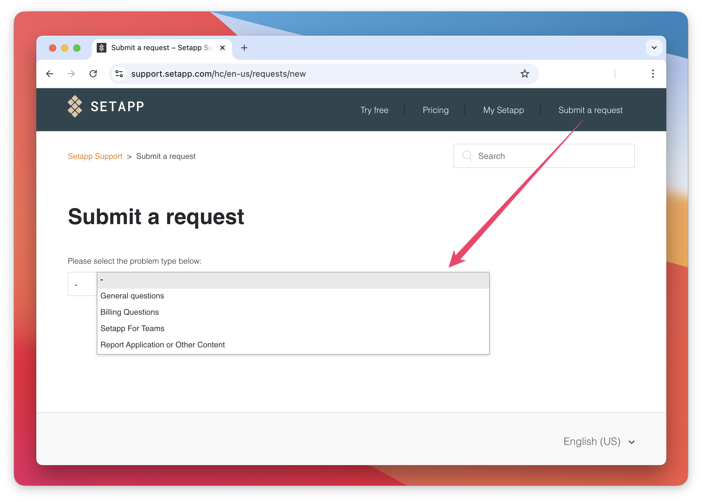 The screenshot shows the form for submitting a support request, with the dropdown for selecting the problem type.