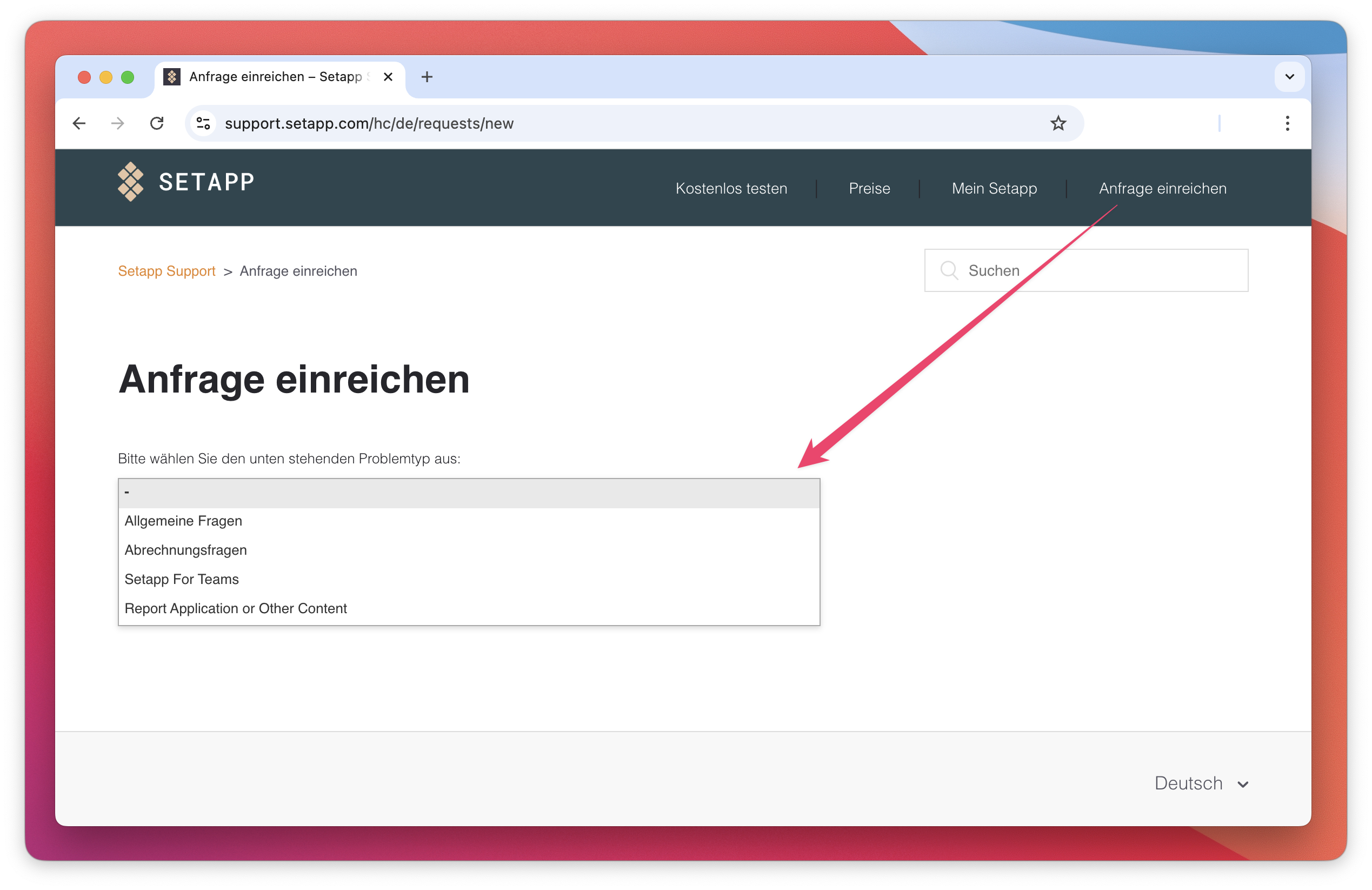 Der Screenshot zeigt das Anfrageformular auf der Setapp-Supportseite mit geöffnetem Dropdown-Menü zur Problemauswahl.