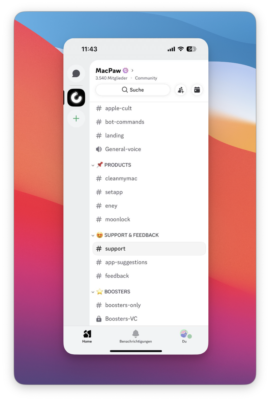 Der Screenshot zeigt die Discord-Server-Seitenleiste mit dem ausgewählten Channel „support“ im Bereich SUPPORT & FEEDBACK.