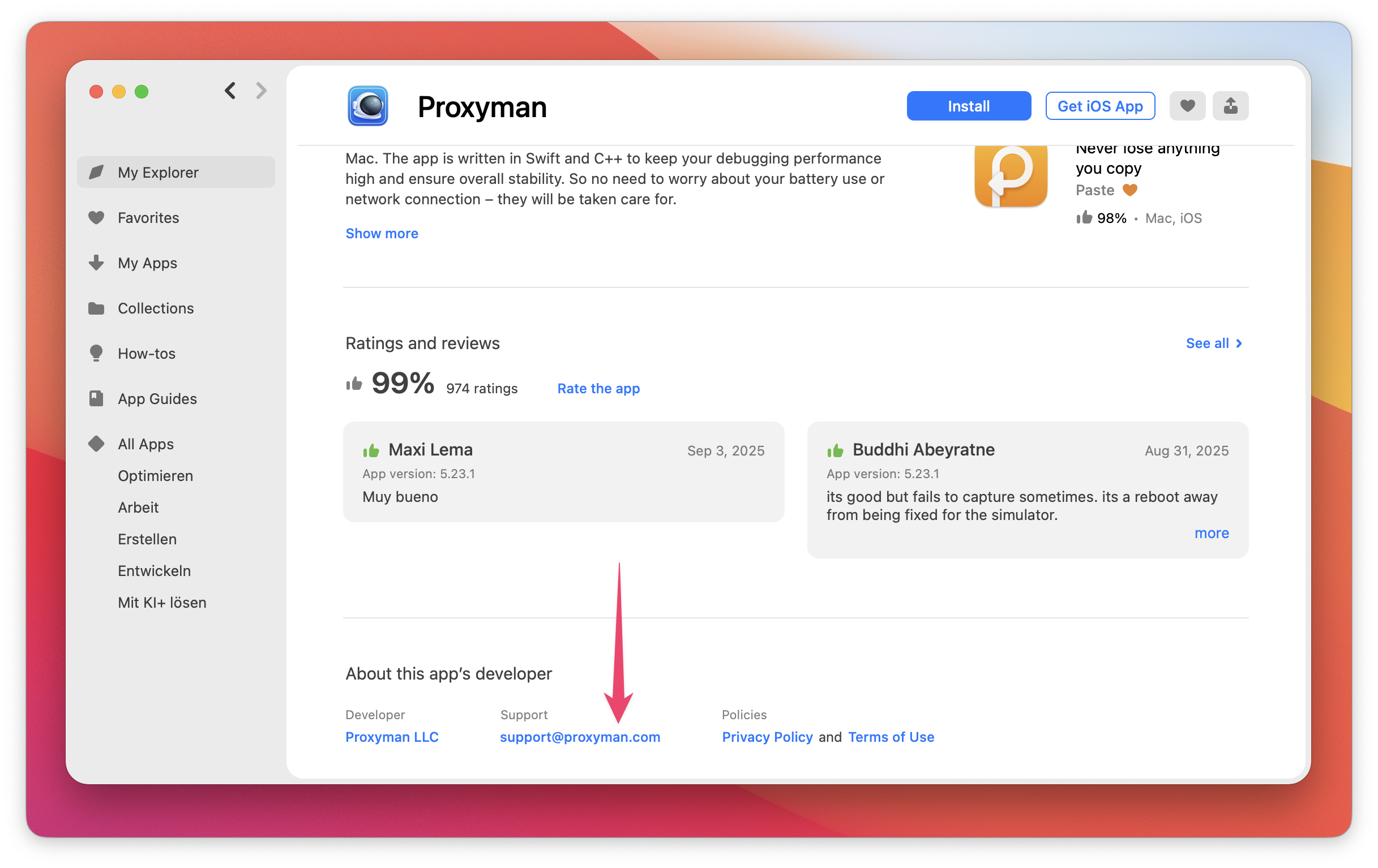 The screenshot shows the developer contact email (support@proxyman.com) highlighted at the bottom of the app page.