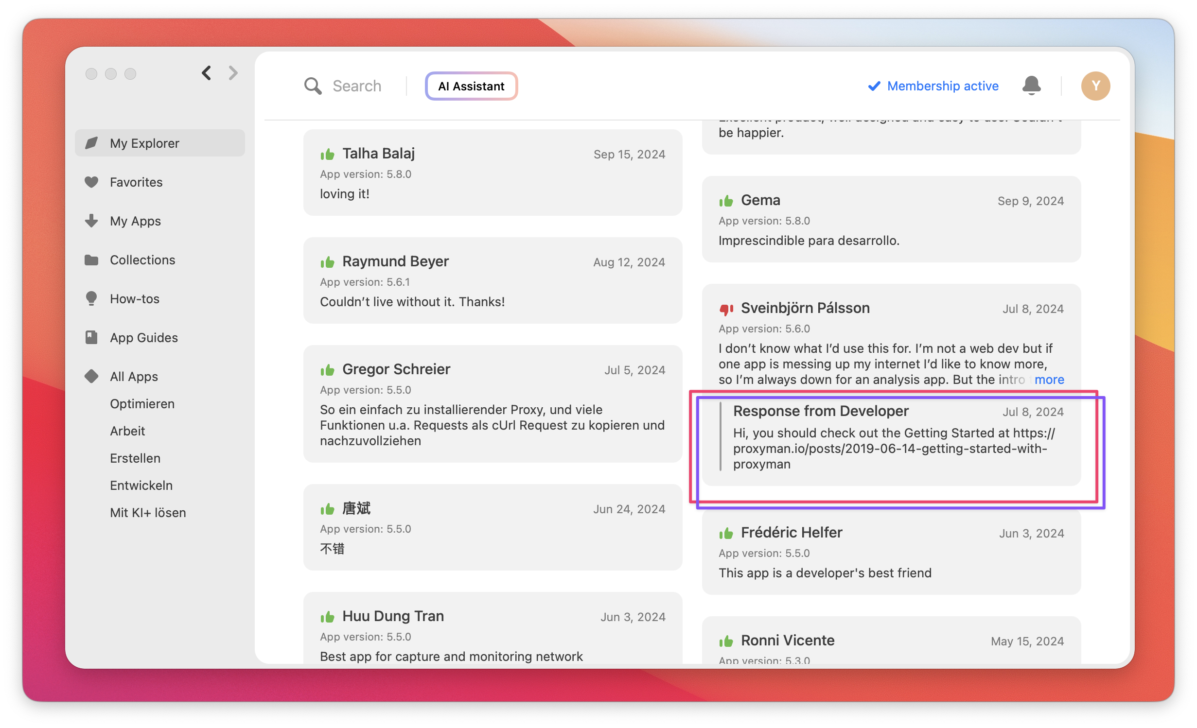 The screenshot shows a response from the developer to a user review, including a helpful link to the Proxyman Getting Started guide.