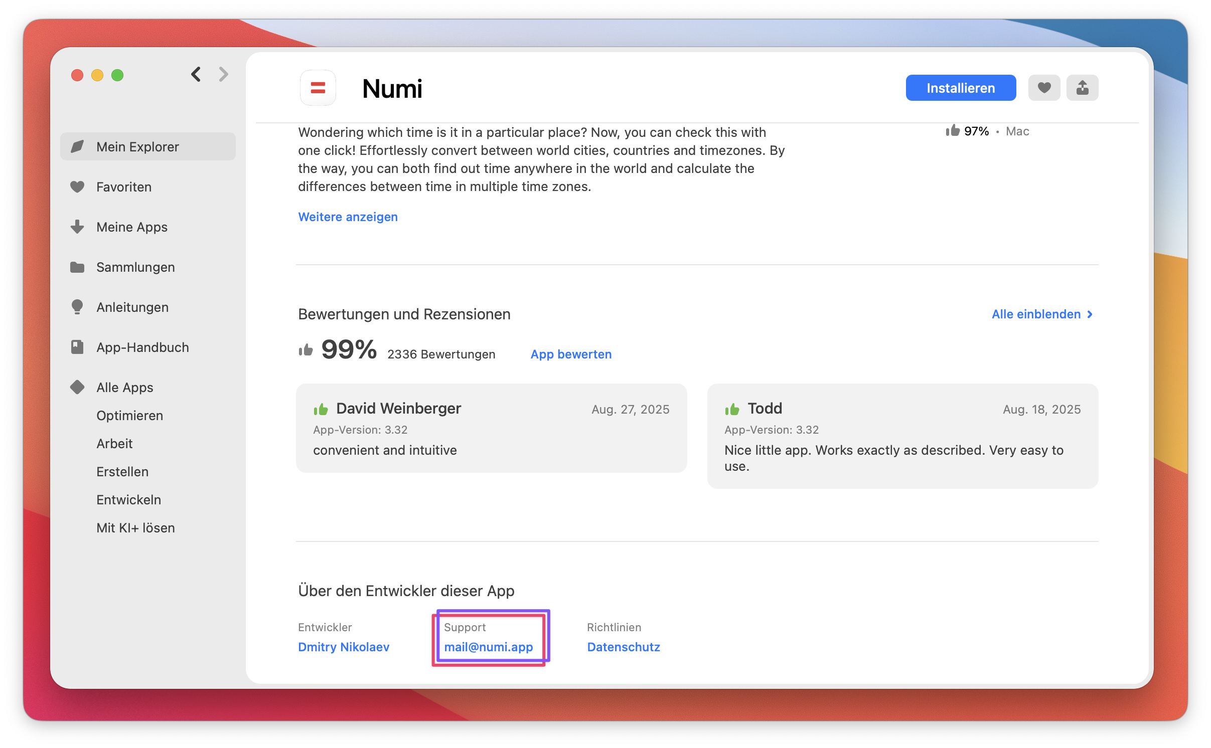 Der Screenshot zeigt die markierte Support-E-Mail-Adresse des Entwicklers „mail@numi.app“ im unteren Bereich der App-Seite von Numi.
