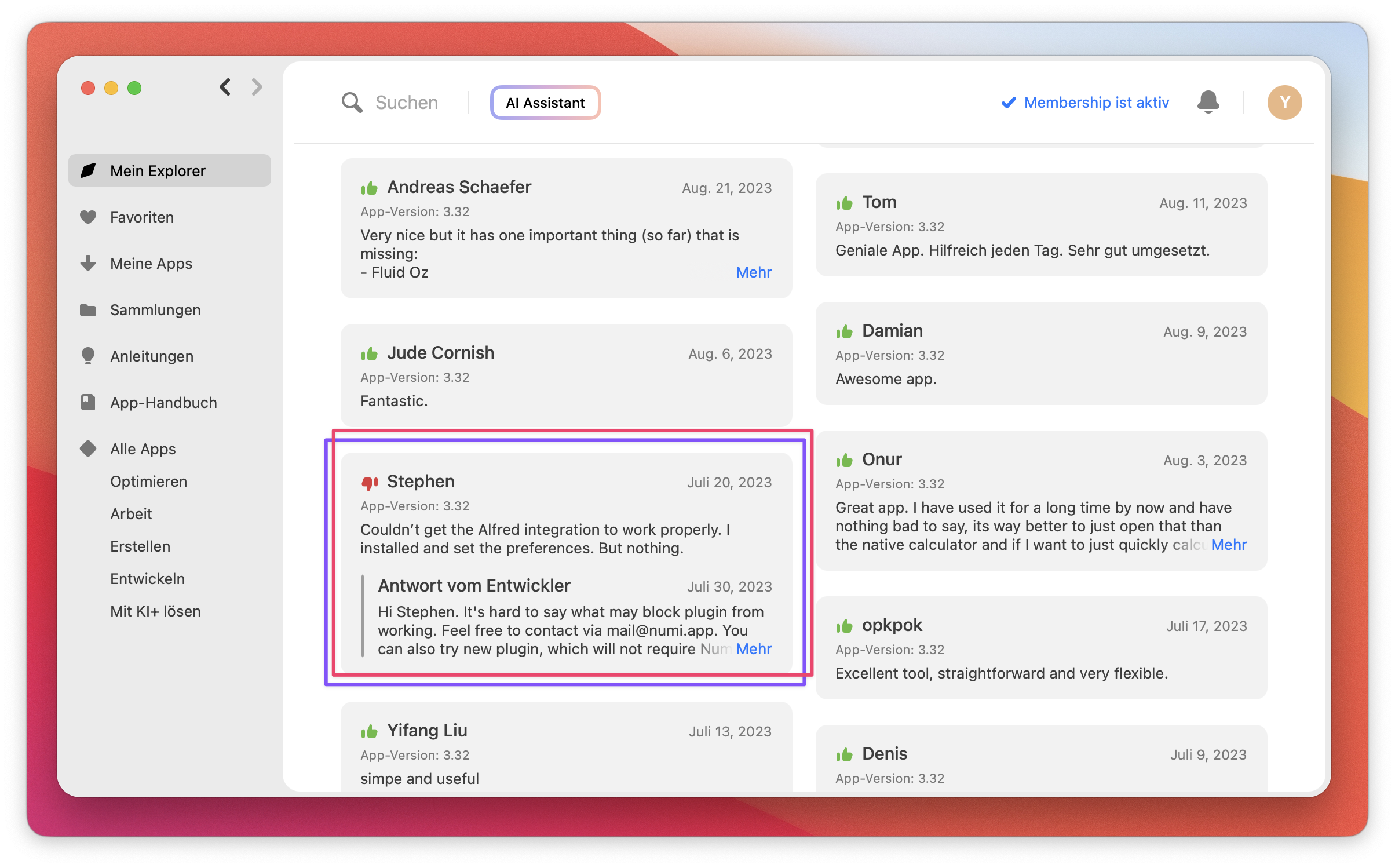 Der Screenshot zeigt eine Entwicklerantwort auf eine Bewertung, in der der Nutzer gebeten wird, sich über „mail@numi.app“ bei Problemen mit dem Plugin zu melden.