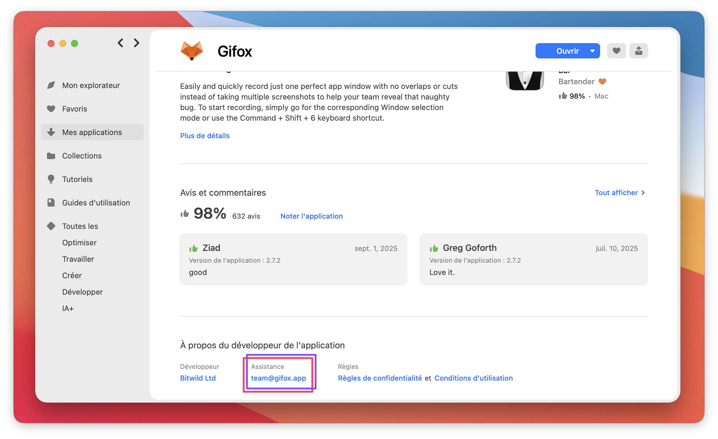L’adresse e-mail du support Gifox « team@gifox.app » mise en évidence dans la section Assistance.