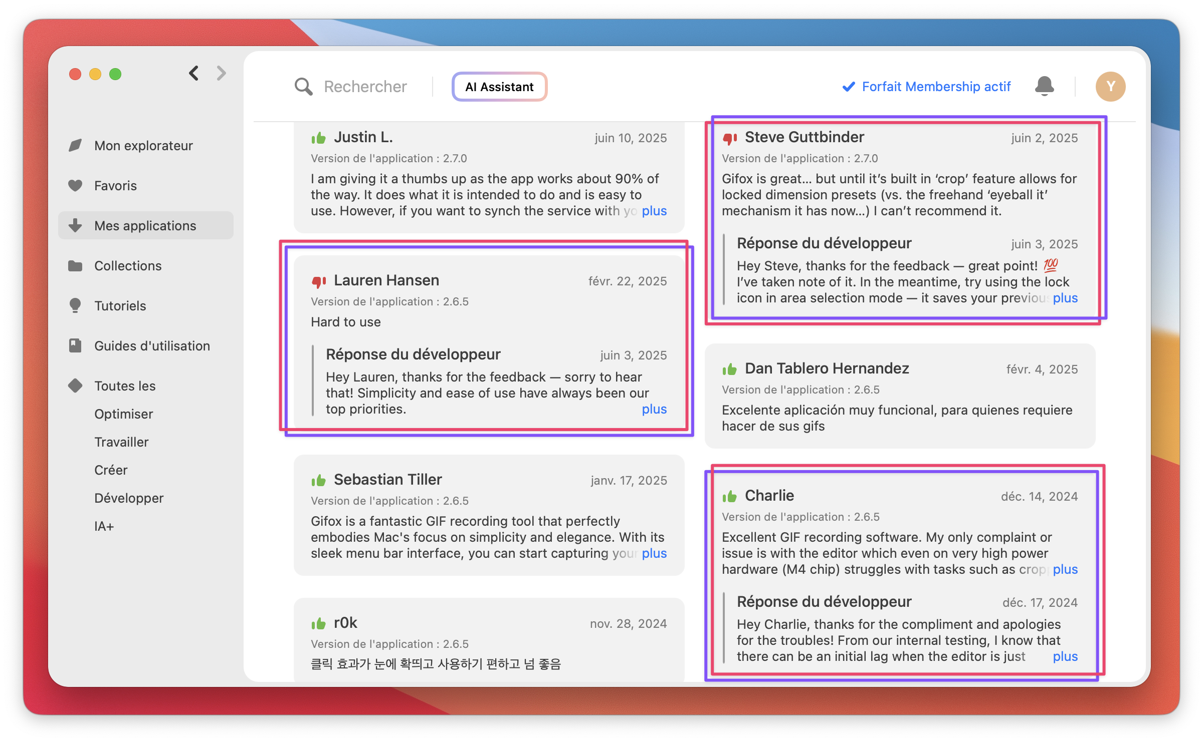 Trois avis sélectionnés affichent des réponses du développeur au retour des utilisateurs sur l’app Gifox.