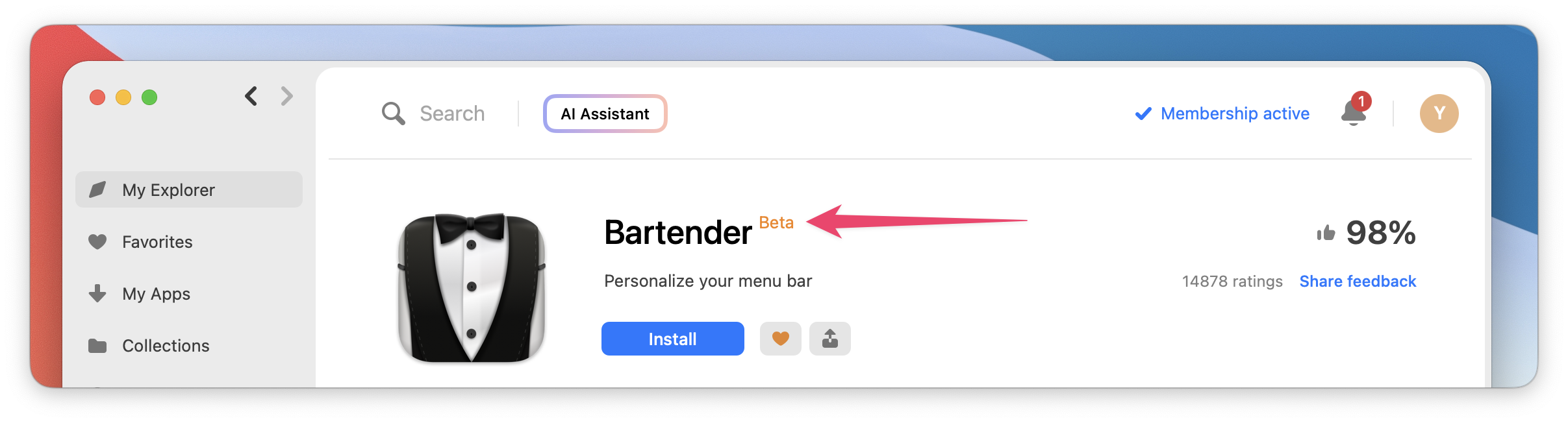 The screenshot highlights the app name Bartender with the Beta label next to it.
