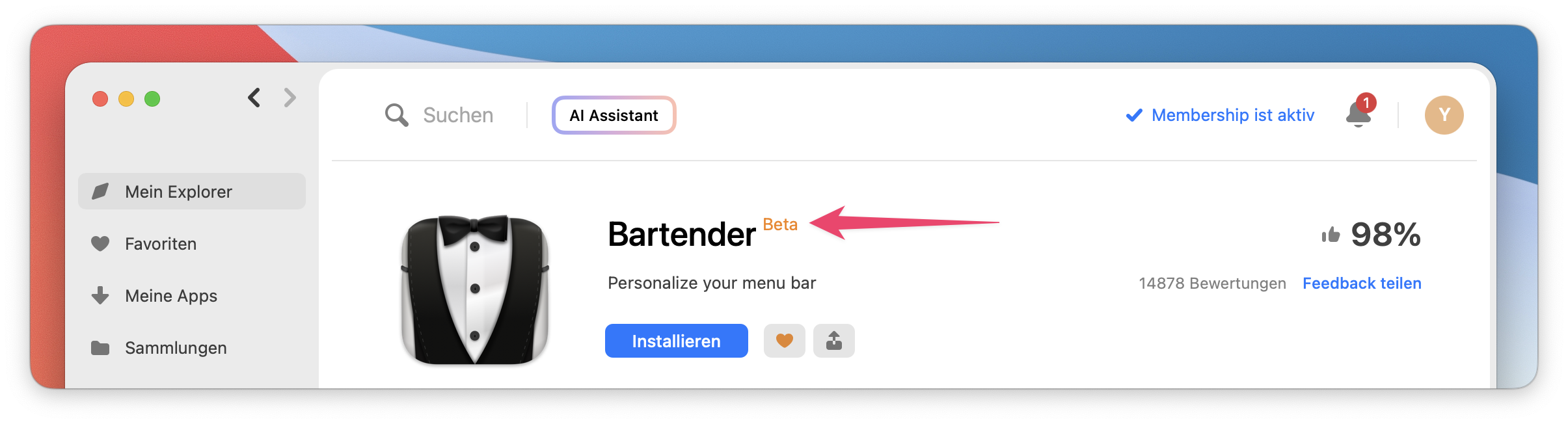 Der Screenshot hebt den App-Namen „Bartender“ mit der Bezeichnung „Beta“ daneben hervor.