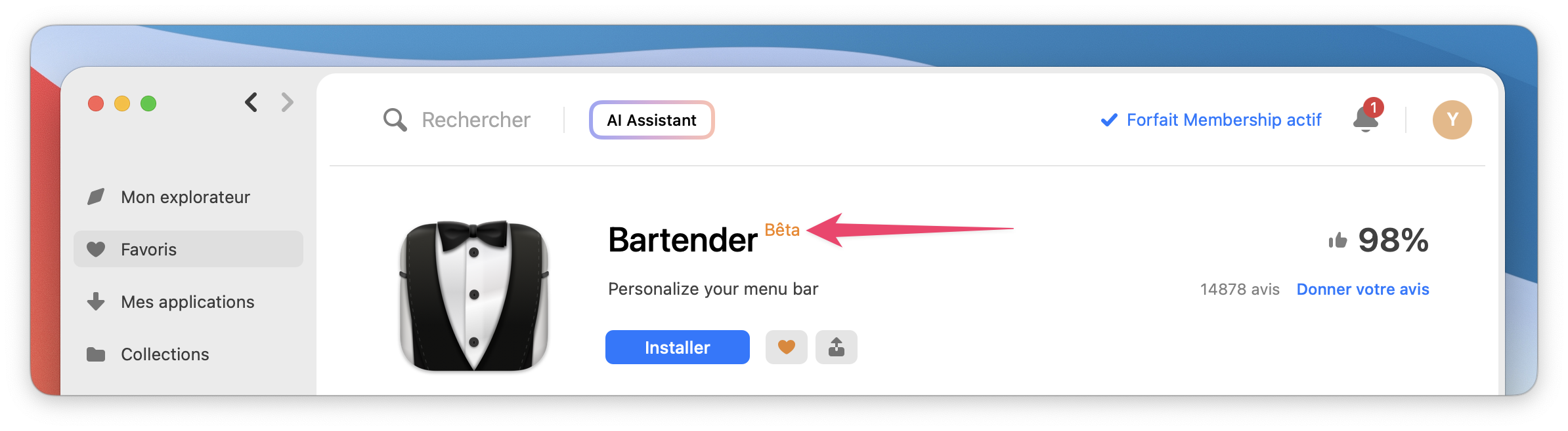 La capture d'écran met en évidence le nom de l'application Bartender avec l'étiquette Beta à côté.