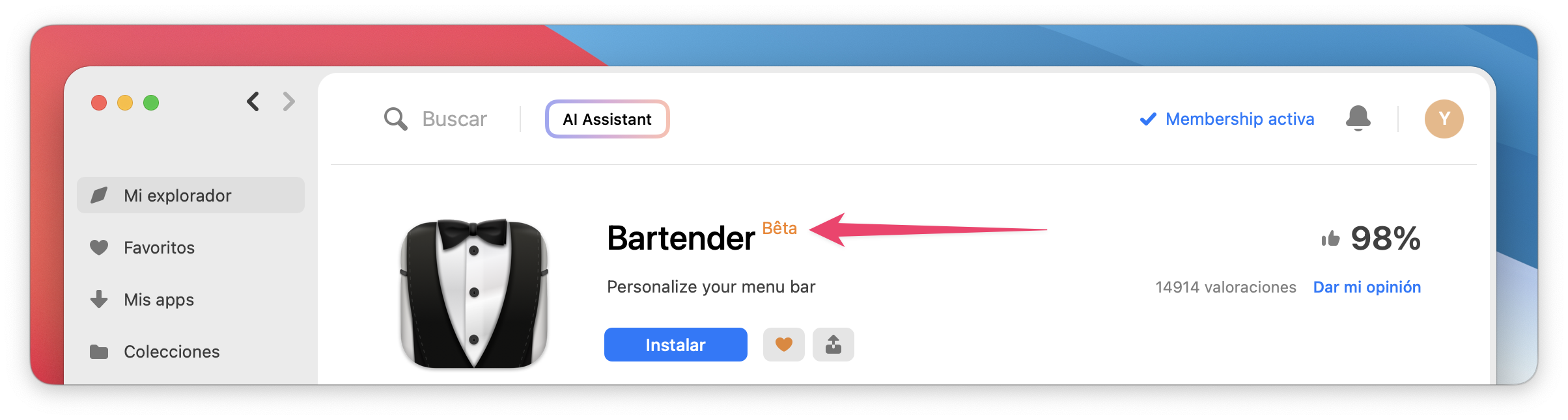La captura muestra la vista de una app en la tienda, con una flecha resaltando la etiqueta Beta junto al nombre de la app.