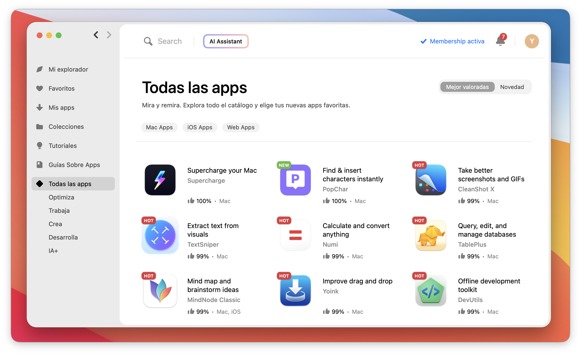 La captura muestra la pestaña Todas las apps en la interfaz de Setapp, con una lista de aplicaciones destacadas y etiquetas como HOT o NEW.